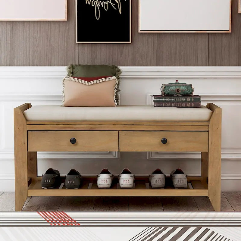 Shoe Rack with Cushioned Seat and Drawers, Multipurpose Entryway Storage Bench (Antique Navy)