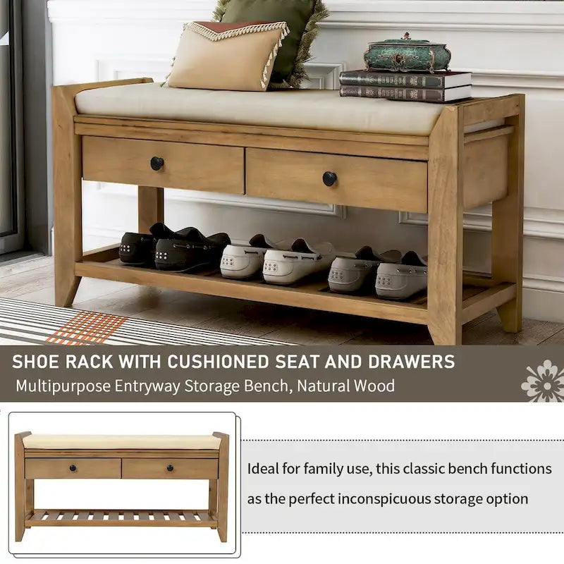 Shoe Rack with Cushioned Seat and Drawers, Multipurpose Entryway Storage Bench (Antique Navy)