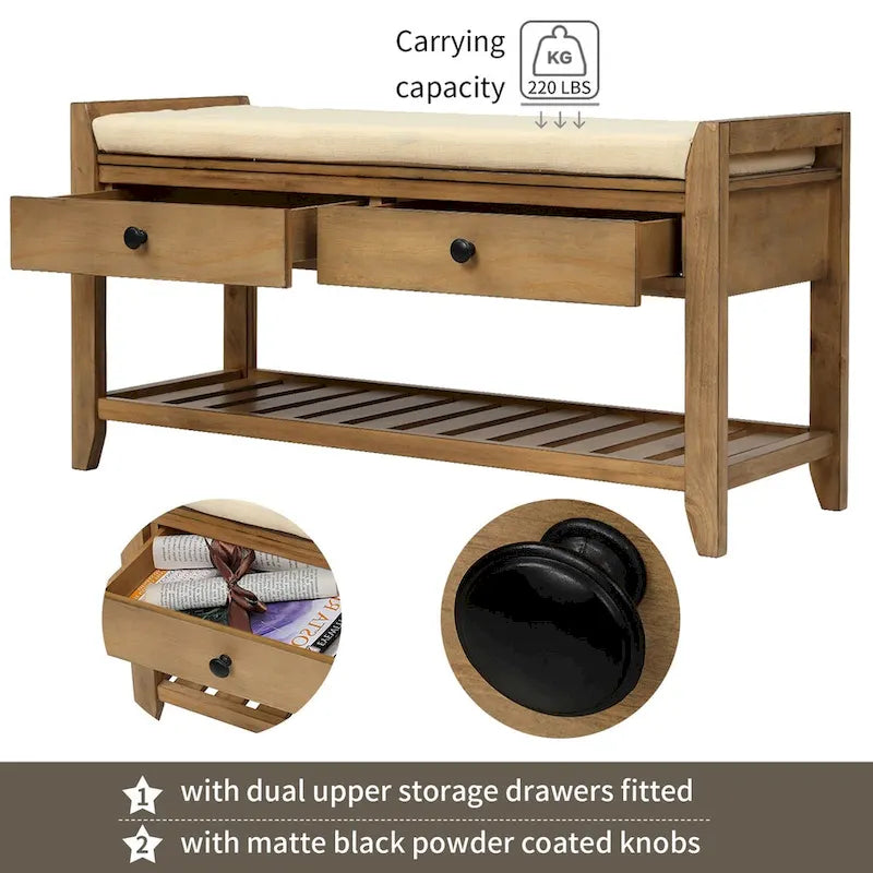 Shoe Rack with Cushioned Seat and Drawers, Multipurpose Entryway Storage Bench (Antique Navy)
