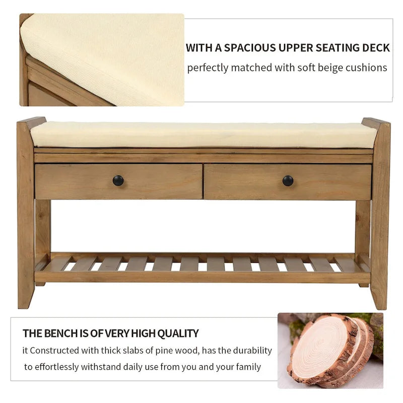 Shoe Rack with Cushioned Seat and Drawers, Multipurpose Entryway Storage Bench (Antique Navy)