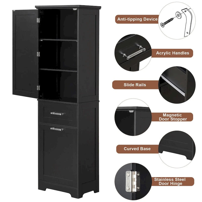 20 in. W x 13 in. D x 68.1 in. H Linen Cabinet with 2-Different Size Drawers and Adjustable Shelf