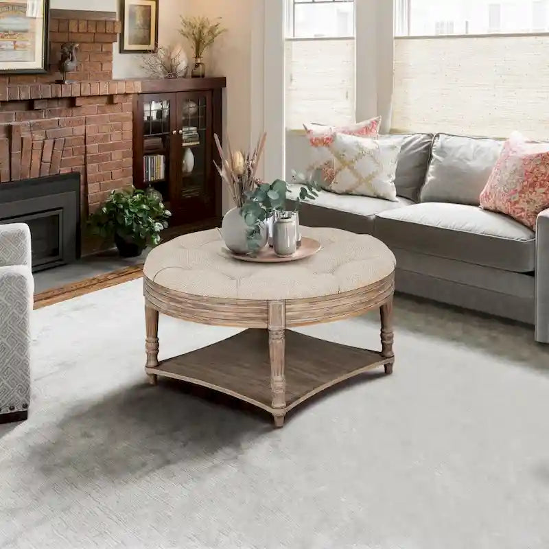 2 Tier Button Tufted Ottoman Round Coffee Table