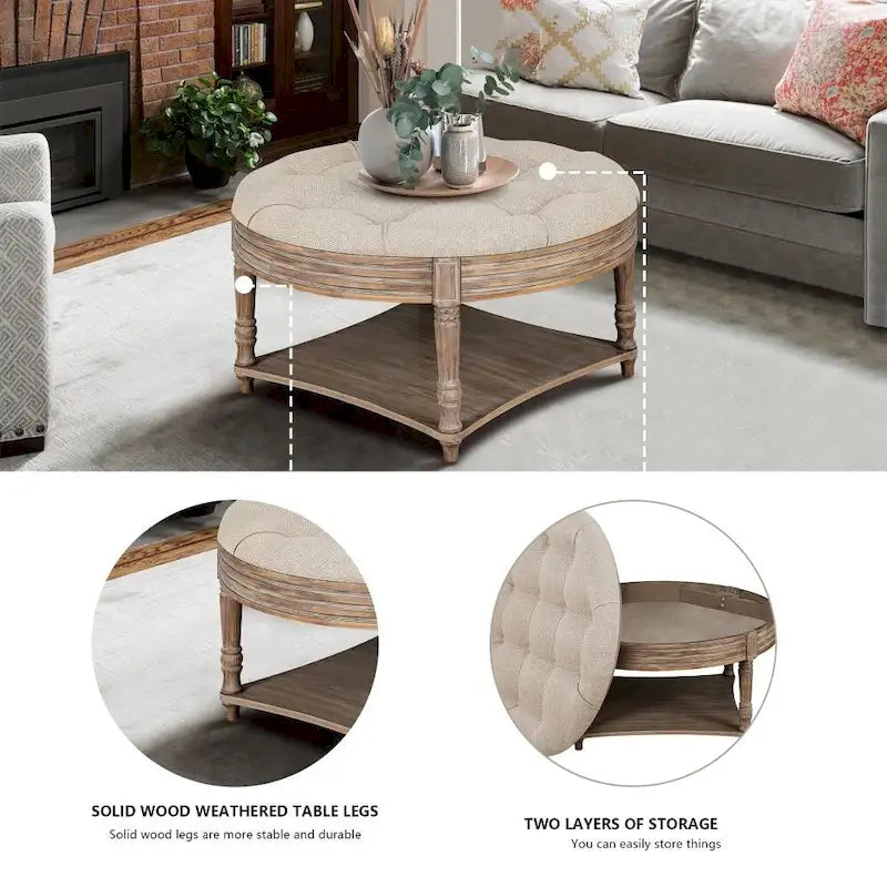 2 Tier Button Tufted Ottoman Round Coffee Table